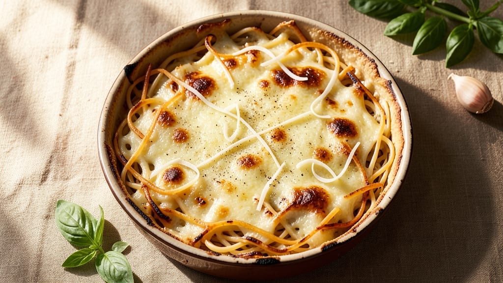 Spaghetti Pie With Eggs Recipe: Crunchy No-Bake Topping Over Creamy Pasta Filling