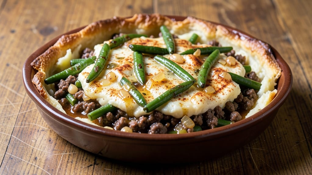 Recipe for Shepherd's Pie with Ground Beef and Green Beans: Savory Gravy Topped With Cheesy Mashed Potatoes