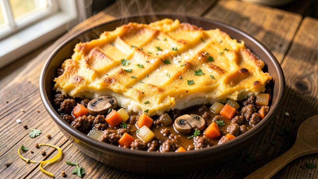 Shepherd's Pie Recipe With Sweet Potato Mash: Savory Filling Under Velvety Orange Topping